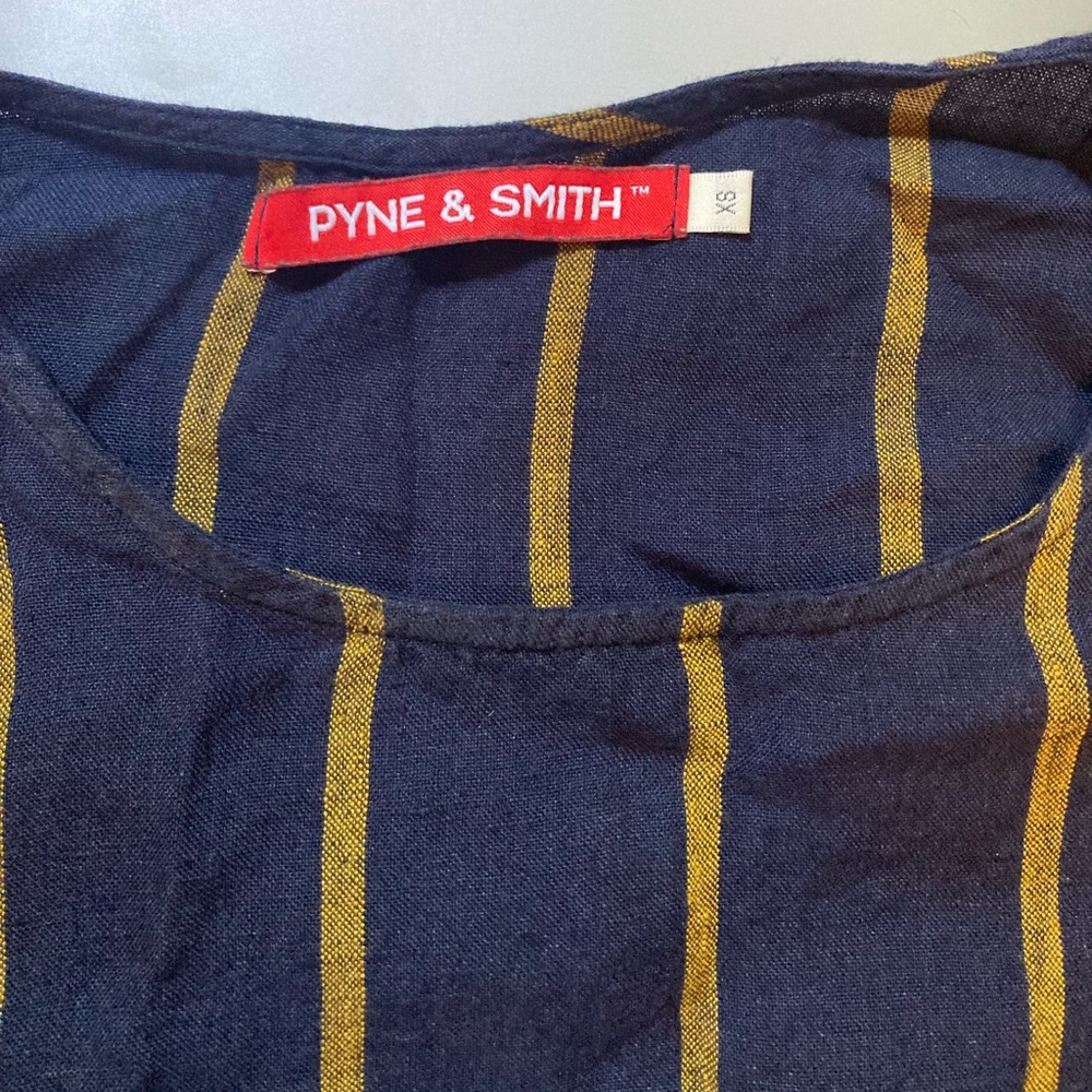 Pyne & Smith Model No. 17 Oxford Stripe Dress Navy Blue & Yellow Striped Linen - Picture 3 of 8